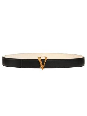 Versace Virtus Gold V-Logo Leather Belt in Black Size 70 NWT